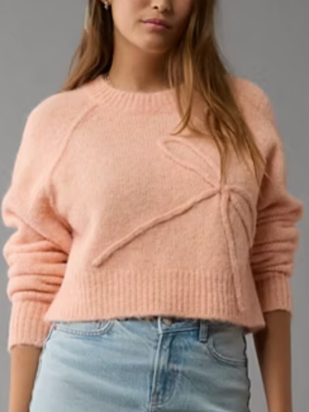 *NWOT AE Cropped Crew Neck Bow Fuzzy Sweater Peach Medium